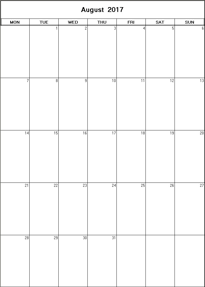 printable blank calendar image for August 2017