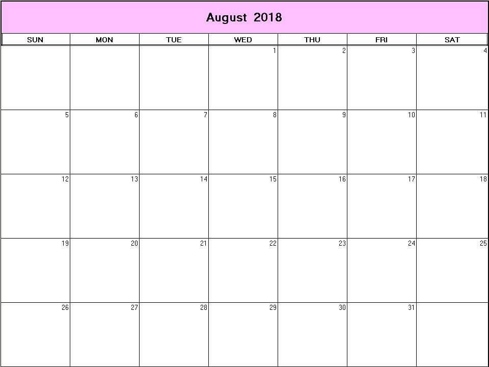 printable blank calendar image for August 2018