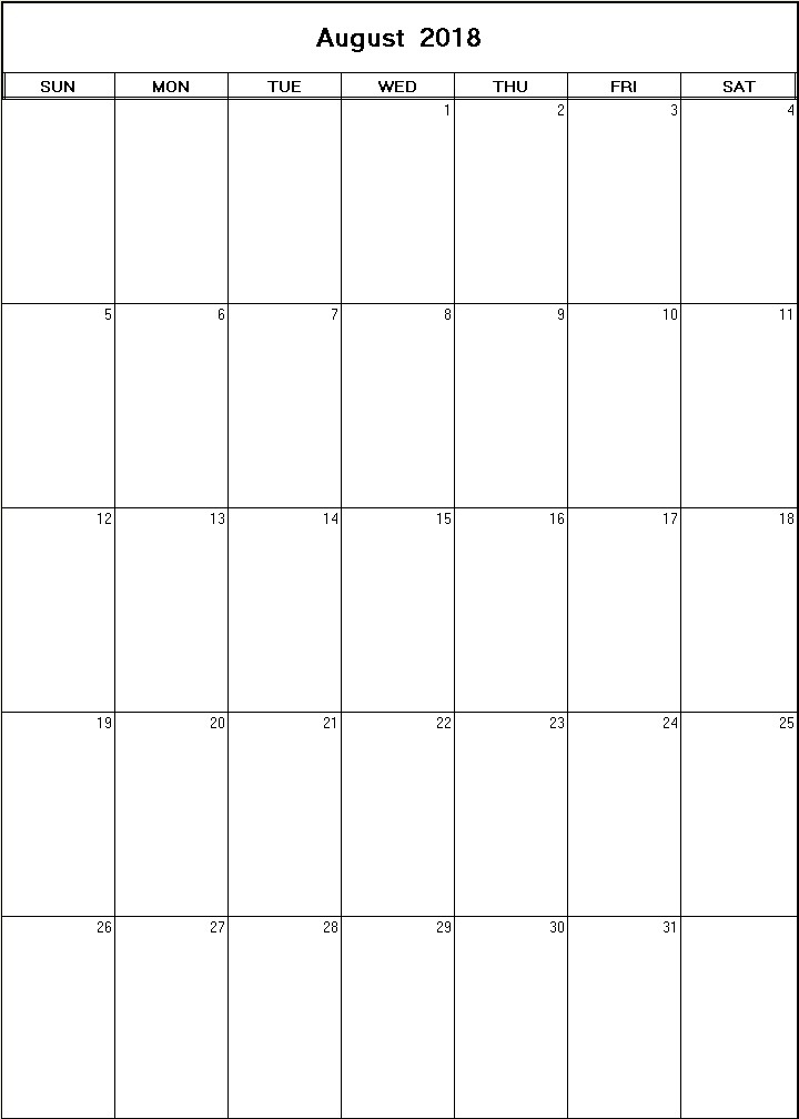 printable blank calendar image for August 2018