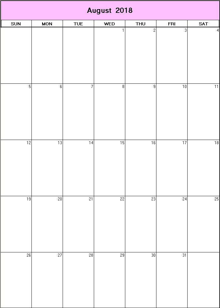 printable blank calendar image for August 2018