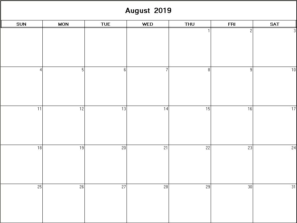 printable blank calendar image for August 2019
