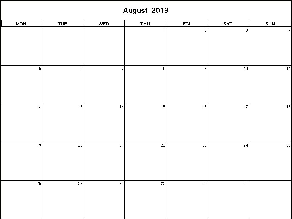 printable blank calendar image for August 2019