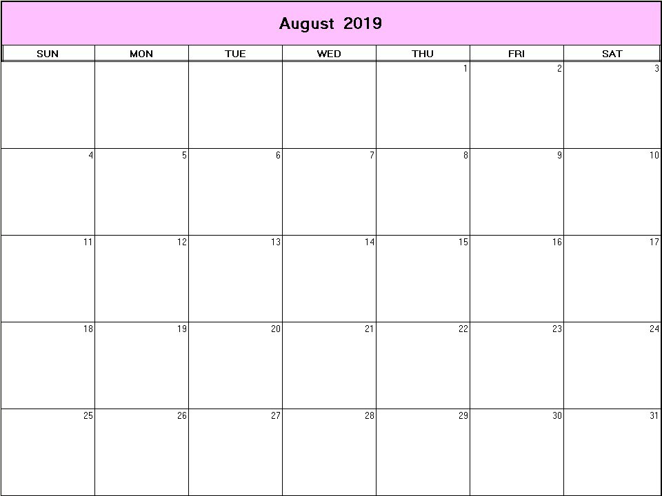 printable blank calendar image for August 2019