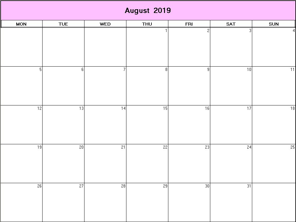 printable blank calendar image for August 2019