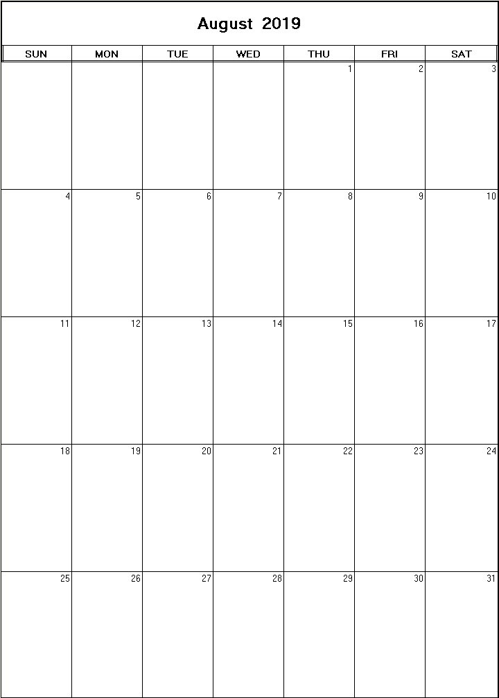 printable blank calendar image for August 2019