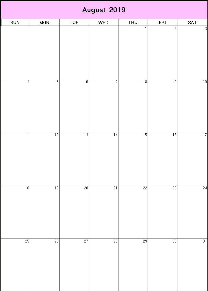 printable blank calendar image for August 2019