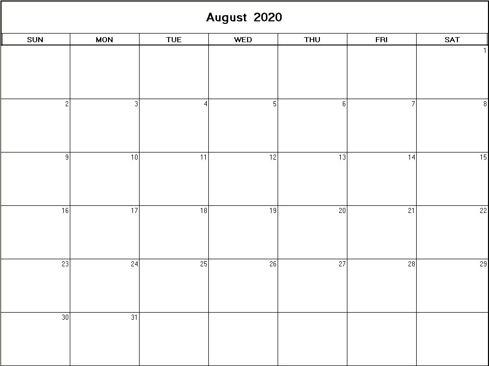 printable blank calendar image for August 2020