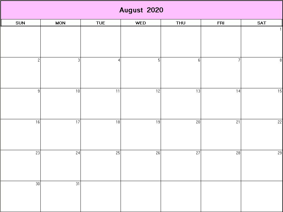 printable blank calendar image for August 2020