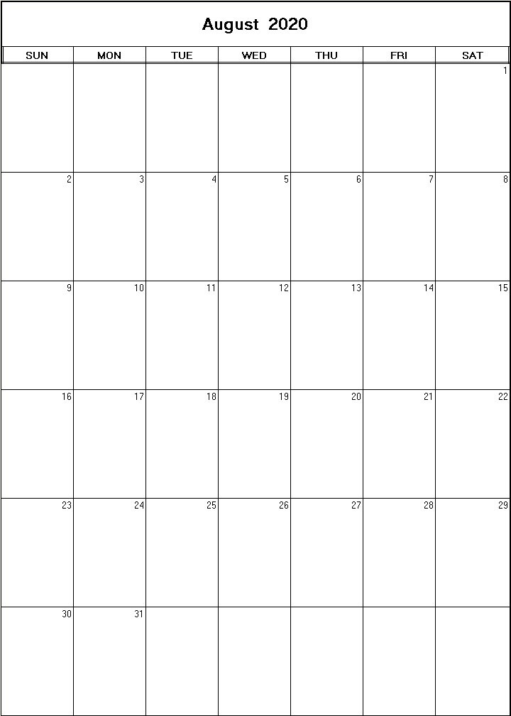 printable blank calendar image for August 2020