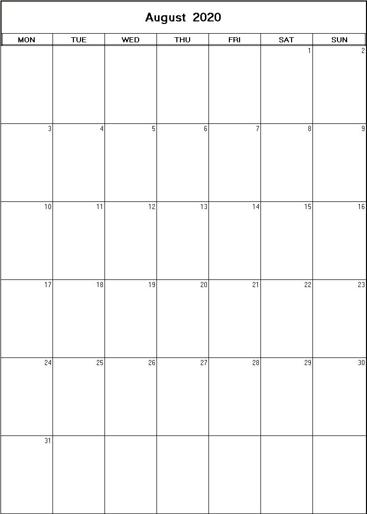 printable blank calendar image for August 2020