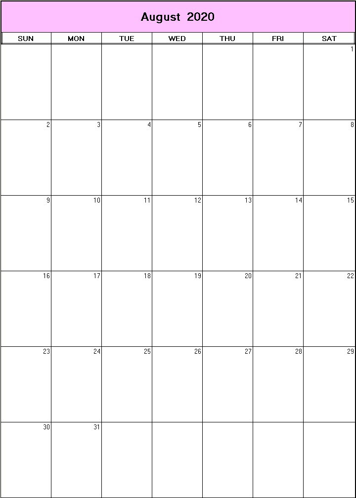 printable blank calendar image for August 2020