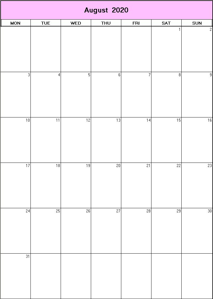 printable blank calendar image for August 2020