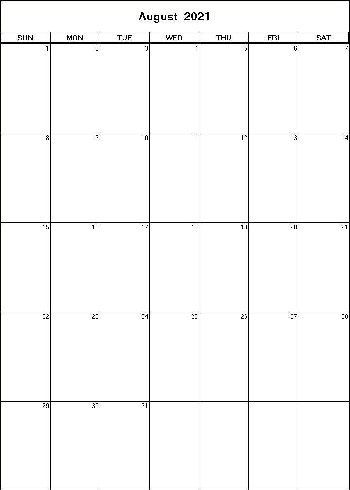 printable blank calendar image for August 2021
