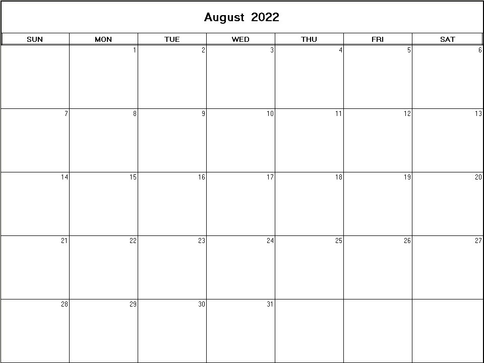 printable blank calendar image for August 2022