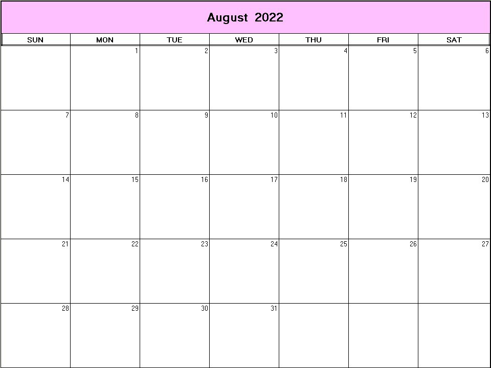 printable blank calendar image for August 2022