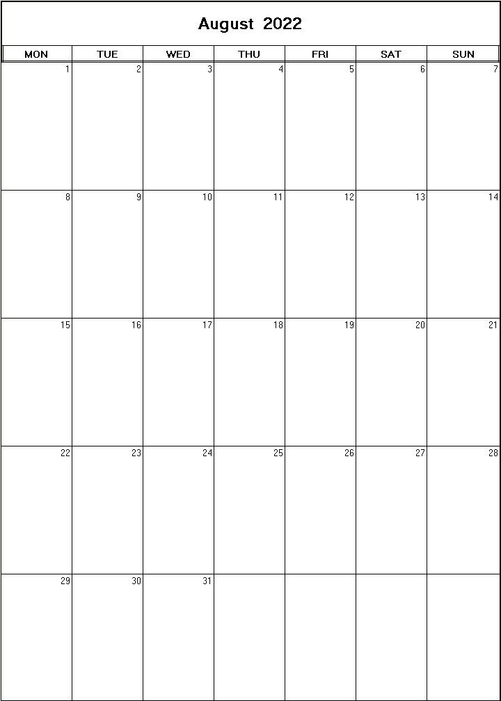 printable blank calendar image for August 2022
