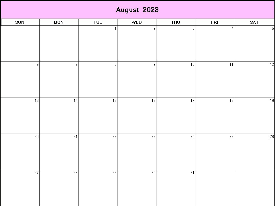 printable blank calendar image for August 2023