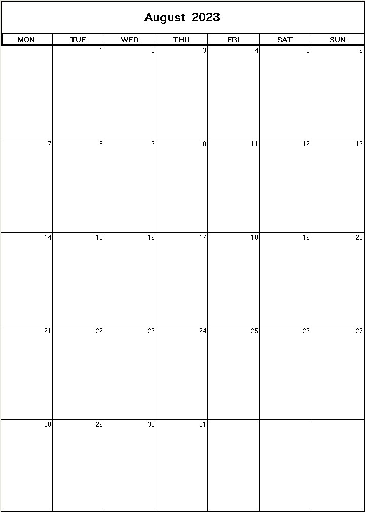 printable blank calendar image for August 2023