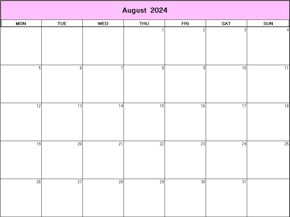 printable blank calendar image for August 2024