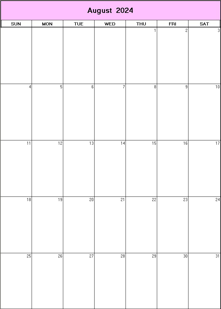 printable blank calendar image for August 2024