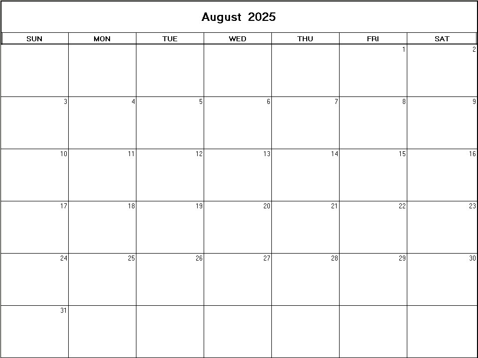 printable blank calendar image for August 2025