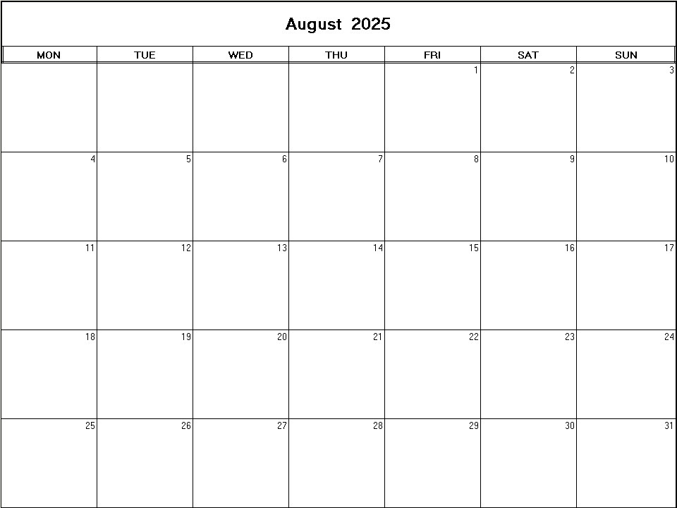 printable blank calendar image for August 2025