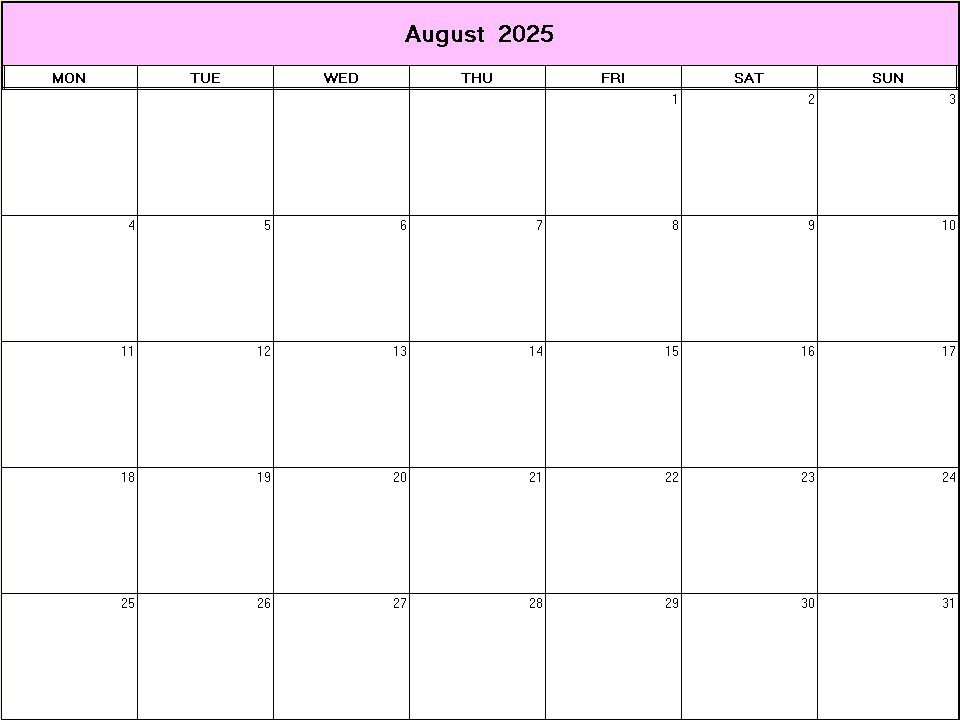 printable blank calendar image for August 2025