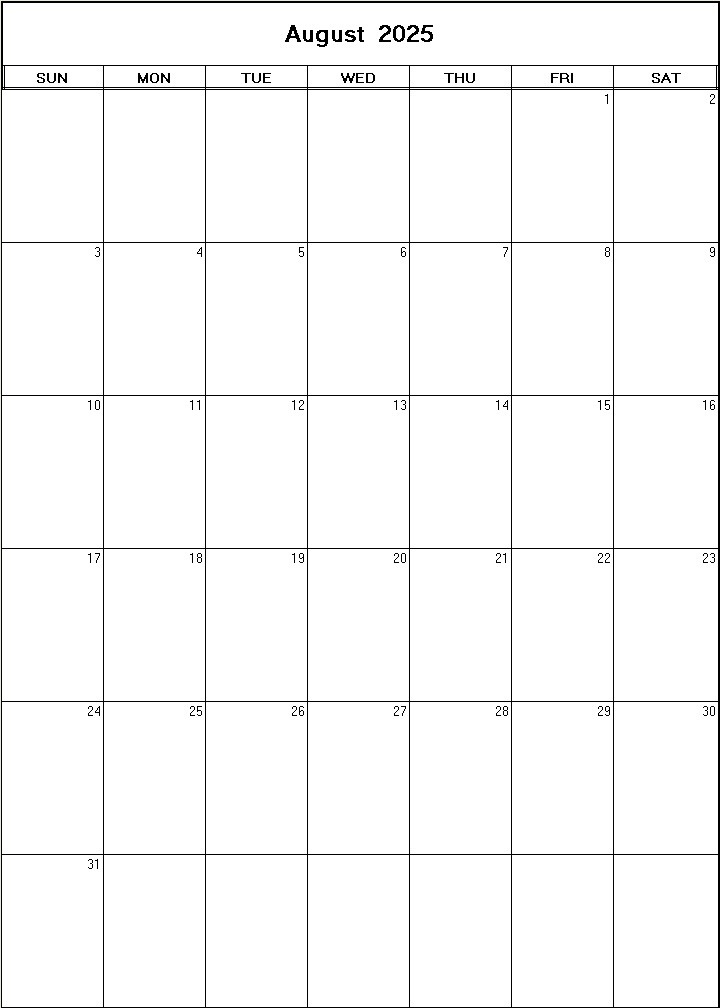 printable blank calendar image for August 2025