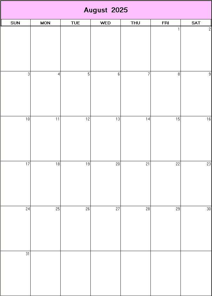 printable blank calendar image for August 2025