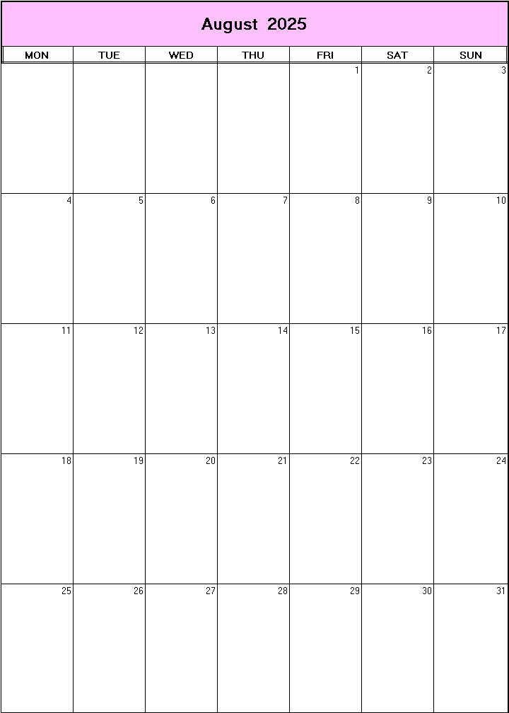 printable blank calendar image for August 2025