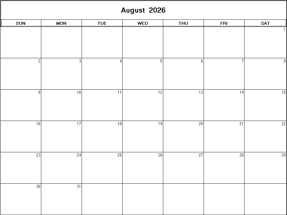printable blank calendar image for August 2026