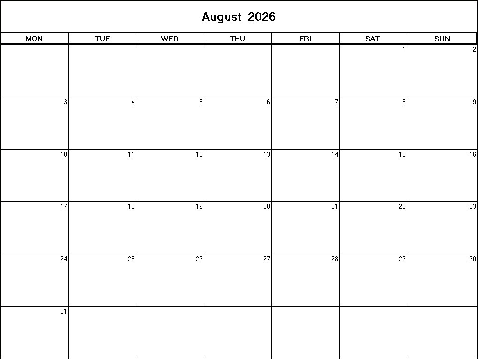 printable blank calendar image for August 2026