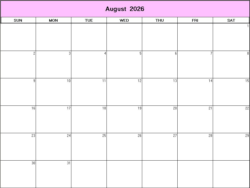 printable blank calendar image for August 2026