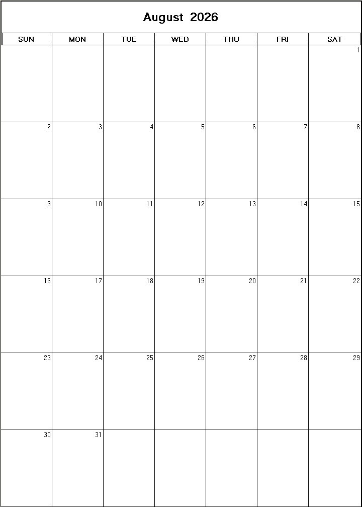 printable blank calendar image for August 2026