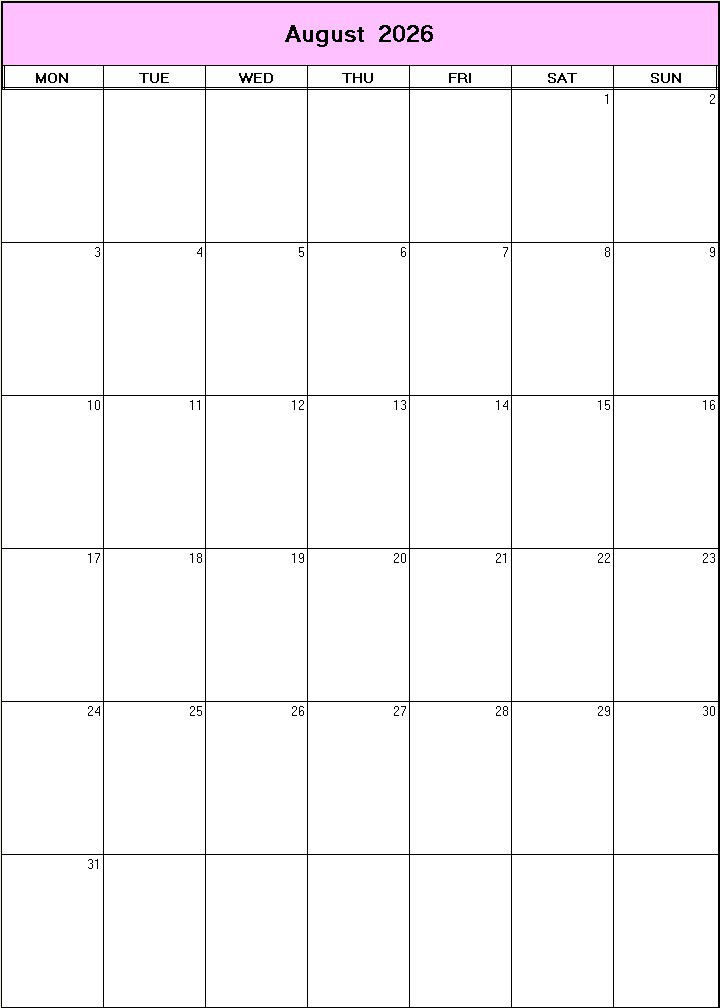 printable blank calendar image for August 2026