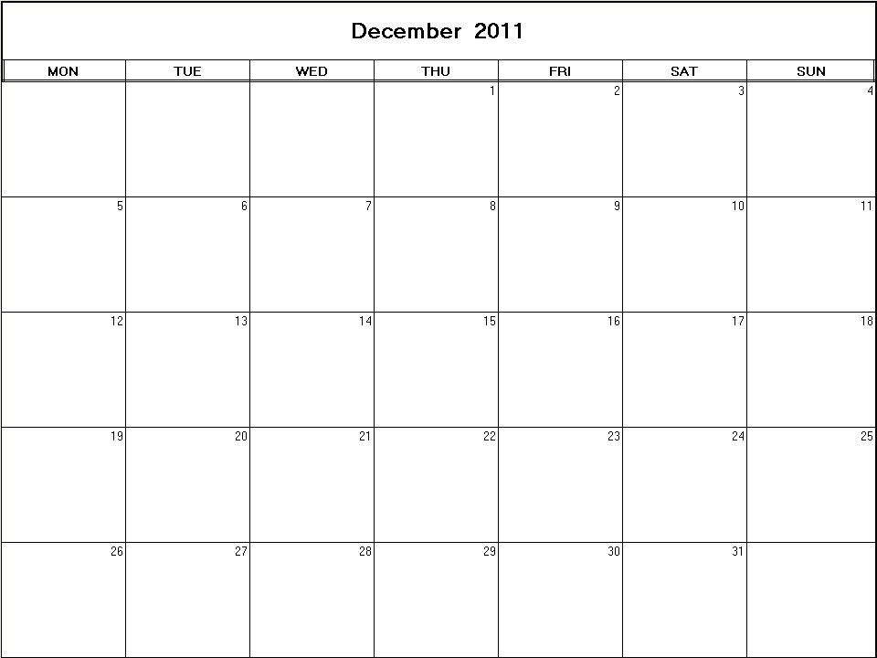 printable blank calendar image for December 2011
