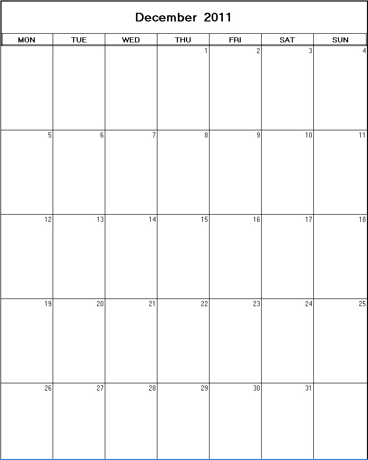 printable blank calendar image for December 2011