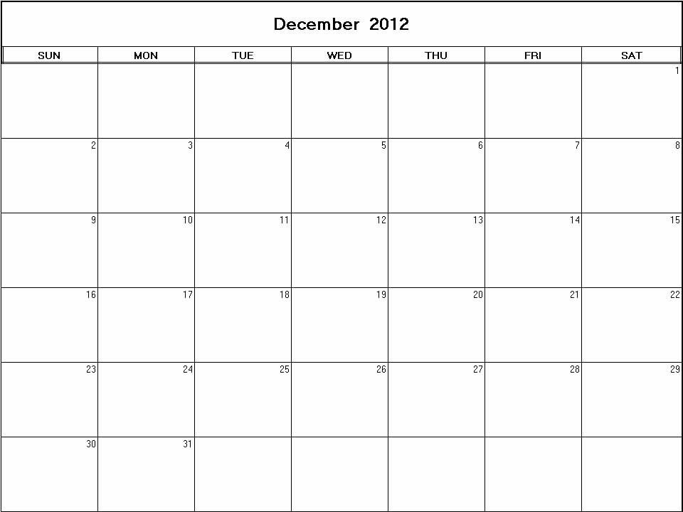 printable blank calendar image for December 2012