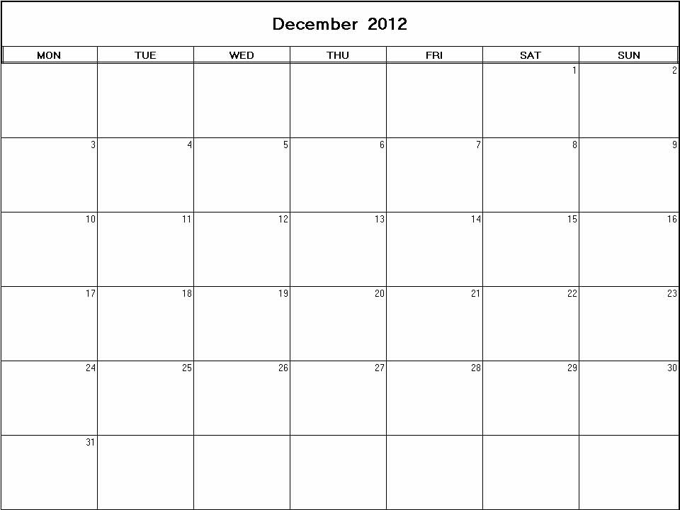 printable blank calendar image for December 2012