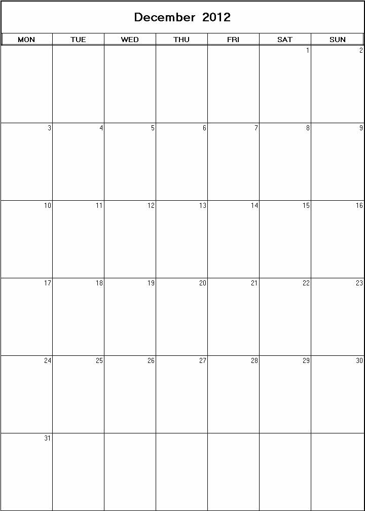 printable blank calendar image for December 2012