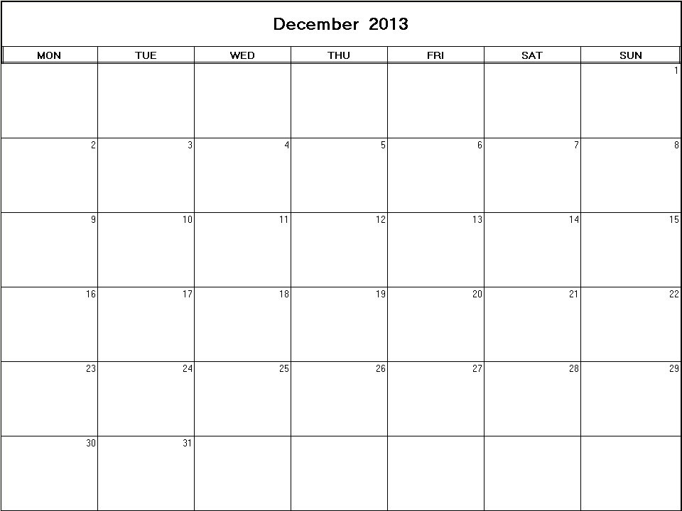 printable blank calendar image for December 2013