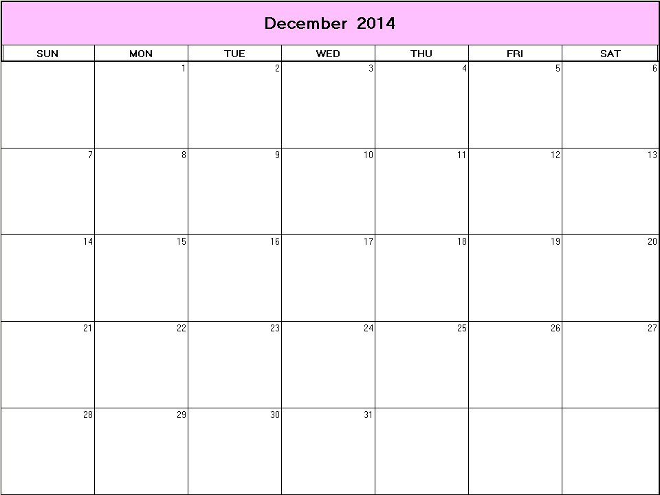printable blank calendar image for December 2014
