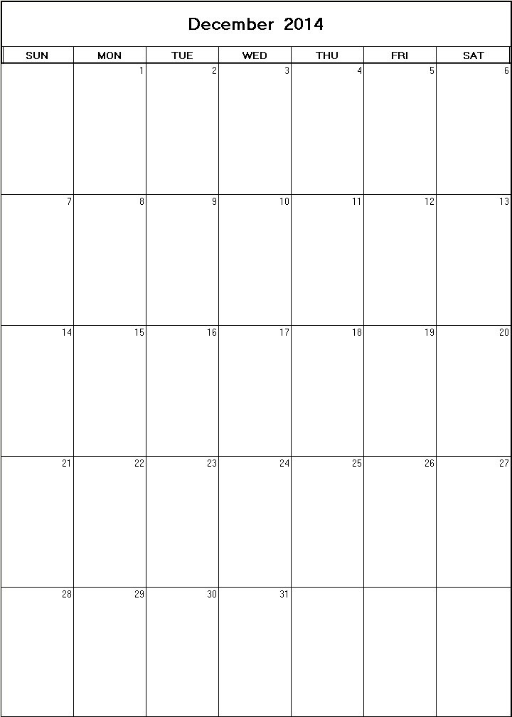 printable blank calendar image for December 2014