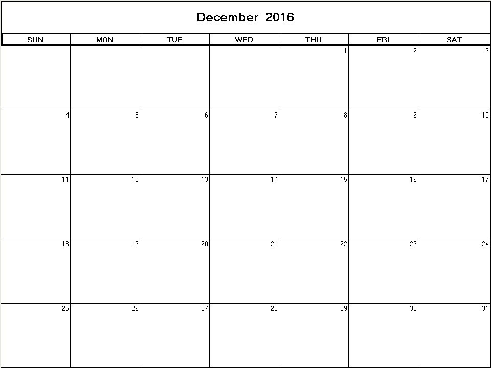 printable blank calendar image for December 2016
