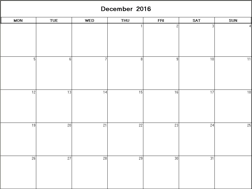 printable blank calendar image for December 2016