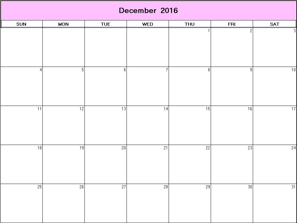 printable blank calendar image for December 2016