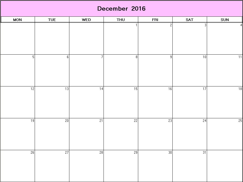 printable blank calendar image for December 2016