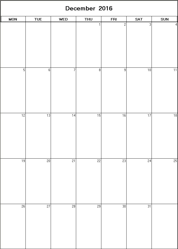 printable blank calendar image for December 2016