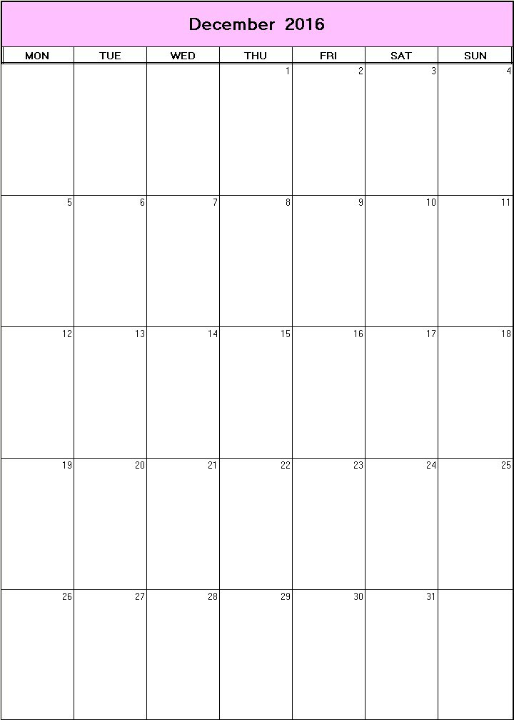 printable blank calendar image for December 2016