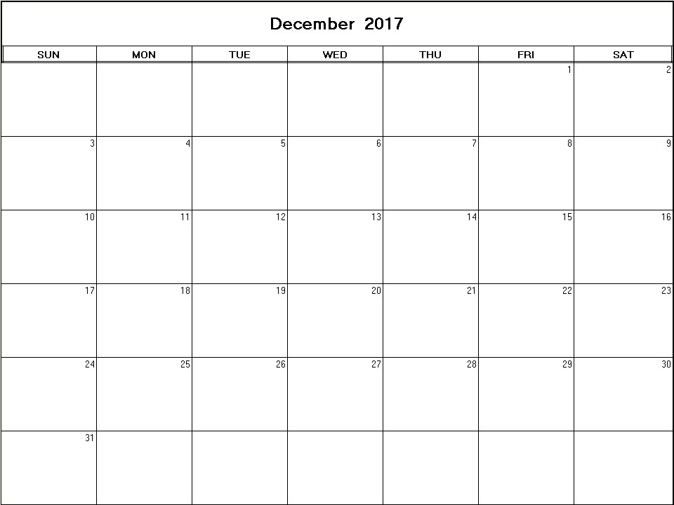printable blank calendar image for December 2017